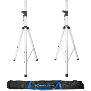 imageRockville Pair RVSS2 White Tripod DJ PA Speaker Stands 132 lbs Capacity Adjustable Height 4779 in Carrying Case Included for DJs Churches Clubs