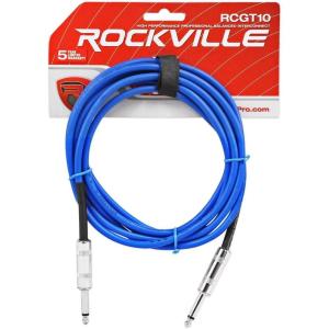 imageRockville RCGT10BL 10ft 14 TS to 14 TS Guitar Cable Blue PVC Jacket 24 AWG OxygenFree Copper NickelPlated Connectors 90 OFC Shielding for Musicians and Studio Recording