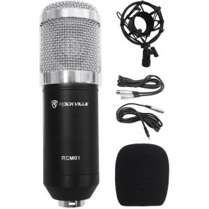 imageRockville RCM01 Pro Studio Condenser Microphone 200 Ohm Cardioid Pattern Metal Shock Mount 30Hz20kHz Frequency XLR and 35mm Cables for Vocals and Podcasting