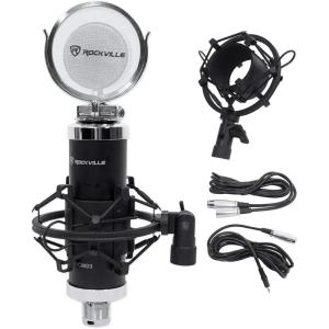 imageRockville RCM03 Pro Studio Condenser Microphone Cardioid Pattern 30Hz20kHz Frequency Response Metal Shock Mount Includes XLR ampamp 35mm Cables for Podcasting and Studio Recording