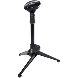 imageRockville RDTS Adjustable Height Studio Desktop Tripod Microphone Stand Metal Build Foldable Design Mic Clip Adapter Included for Podcasting and Streaming
