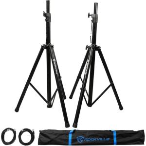 imageRockville RVSS2XLR Adjustable Tripod SpeakerLight Stands 2 132 lbs Capacity Includes 2 20Foot XLR Cables Travel Bag Steel Build for DJs and Live Setups
