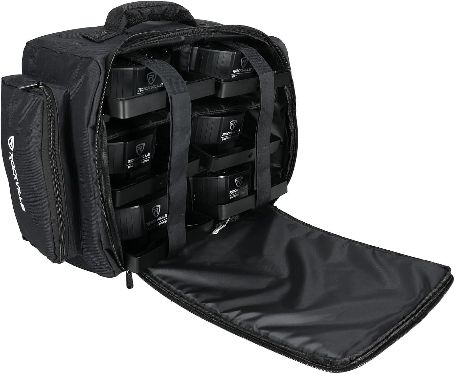 imageRockville RLBP6 Padded Backpack for 6 Slim PAR Lights 10mm Foam Protection Removable Dividers Hideable Straps for DJs and Stage Performers