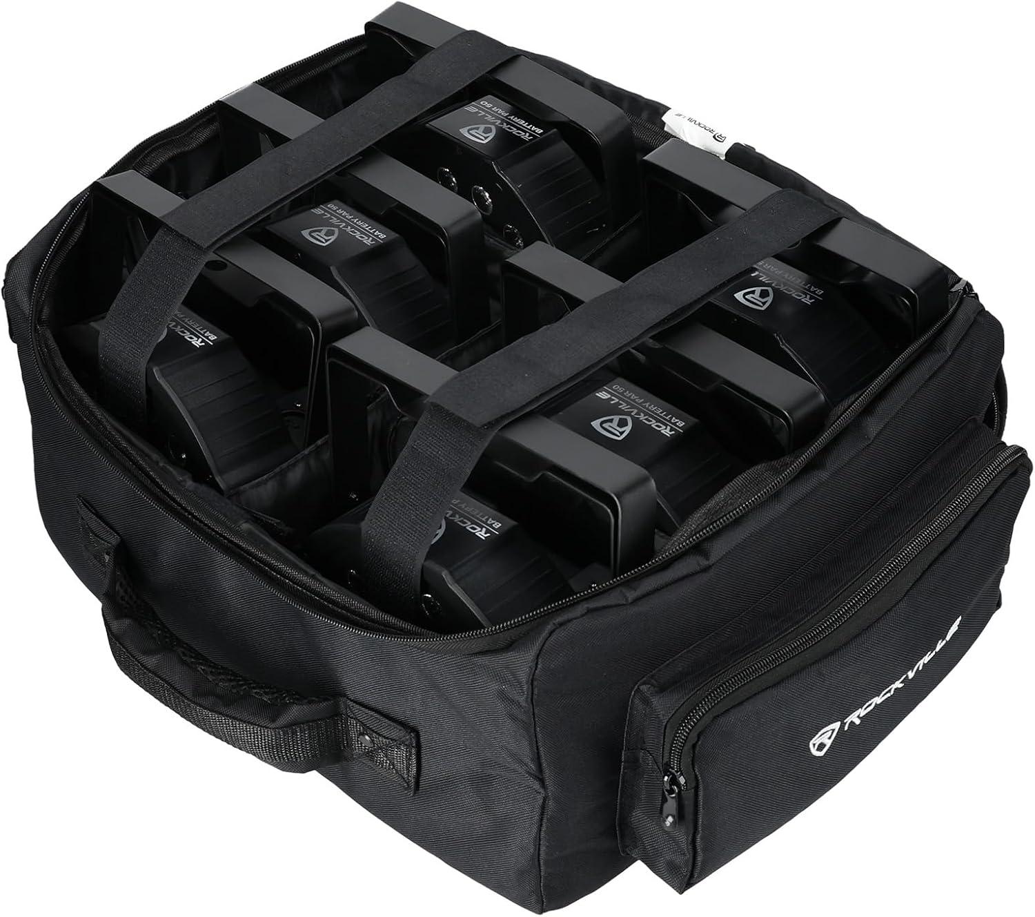 imageRockville RLBP6 Padded Backpack for 6 Slim PAR Lights 10mm Foam Protection Removable Dividers Hideable Straps for DJs and Stage Performers