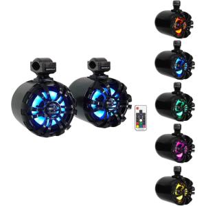 imageRockville Pair WB65KLED Black 600W 65quot Marine Wakeboard Tower Speakers 4 Ohm LED Lighting 360Degree Swivel Waterproof with Remote for Boats and OffRoad VehiclesBlack