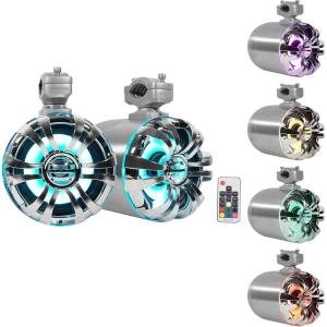imageRockville Pair WB65KLED Black 600W 65quot Marine Wakeboard Tower Speakers 4 Ohm LED Lighting 360Degree Swivel Waterproof with Remote for Boats and OffRoad VehiclesSilver