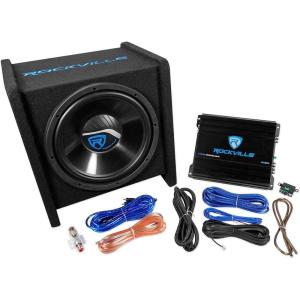 imageRockville RV121C 600W 12quot Loaded Car Subwoofer Enclosure with 1200W Mono Amplifier and Amp Kit CEA2006 Compliant Ported Design for Car Audio Systems