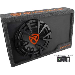 imageRockville RWS12CA 1200W 12quot Amplified Powered Car Subwoofer Enclosure 4 Ohm Slim Design Builtin Amplifier Remote Bass Control for Cars Trucks ampamp SUVs