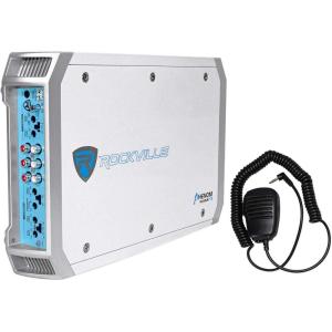 imageRockville RXMF3 1600W Peak260W RMS 4Channel Class AB Marine Amplifier with PA Microphone Waterproof Conformal Coating Smart Auto TurnOn for Boats