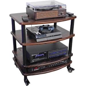 imageRockville FLX Black Adjustable Height 4 Shelf Home Theater Audio Rack Stand 24quotx18quot 300lb Limit Steel Tubes Perfect for Home Theaters StudiosDark Wood