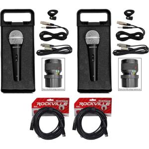 imageRockville RMCXLR Bundle 2 HighEnd Metal Handheld Wired DJ Microphones with Neodymium Magnet 2 RCXFM20EB 20Ft 100 OFC Nickel Plated XLR Cables 4Items