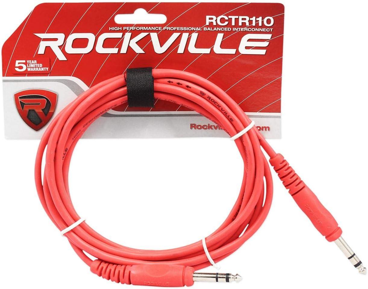 imageRockville RCTR110R 10ft 14 TRS to 14 TRS Cable 100 Copper Balanced Audio Durable PVC Jacket Red Color for Musicians and Studio Recording
