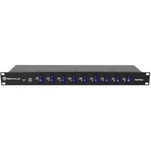 imageRockville RDF9U 15A 1U Rack Mount Power Supply Strip 9 Outlets with Switches USB Charging Surge Protection for DJs and Pro Audio