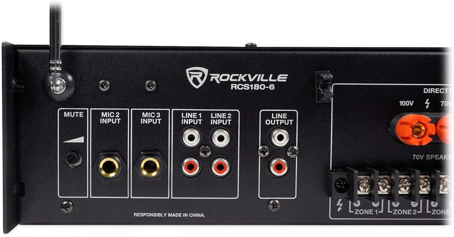 imageRockville RCS1806 180W 6Zone 70v Commercial Amplifier Bluetooth USBSDRCA Mic Optical Inputs FM for RestaurantsOffices