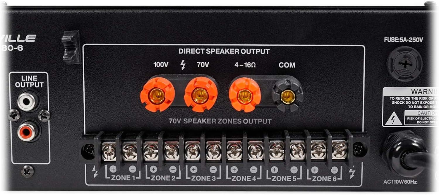 imageRockville RCS1806 180W 6Zone 70v Commercial Amplifier Bluetooth USBSDRCA Mic Optical Inputs FM for RestaurantsOffices