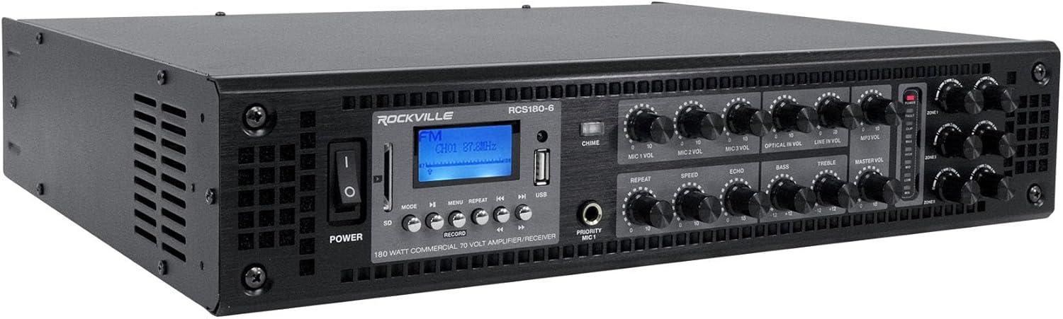 imageRockville RCS1806 180W 6Zone 70v Commercial Amplifier Bluetooth USBSDRCA Mic Optical Inputs FM for RestaurantsOffices