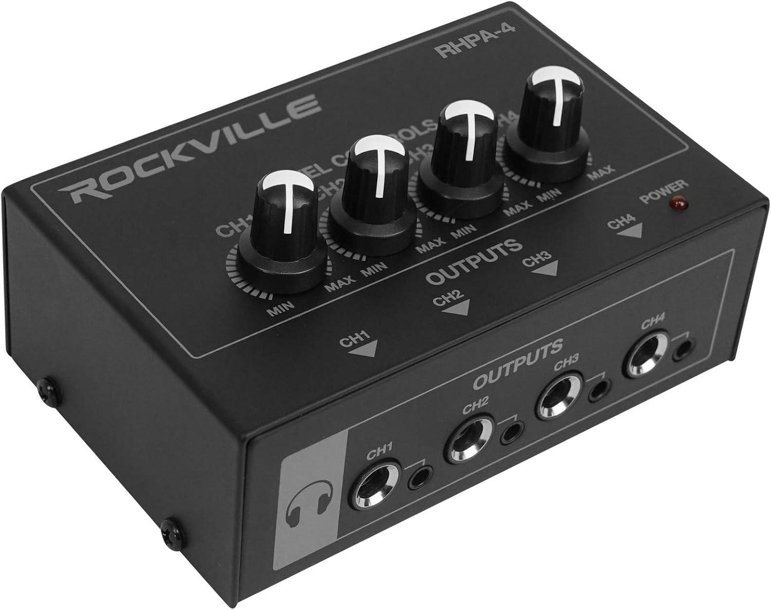 imageRockville RHPA4 4Channel Headphone Amplifier StereoMono Switch Dual 14quot and 35mm Outputs per Channel USB Power for Studio and Podcast Monitoring