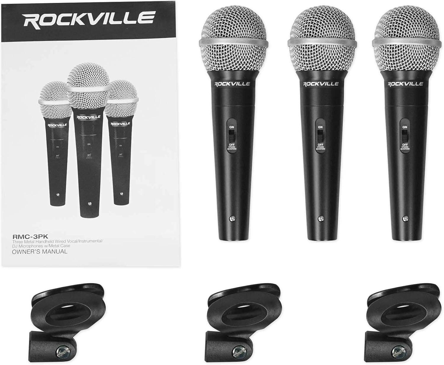 imageRockville RMC3PK Dynamic Microphones 3 Pack UniDirectional Metal Build XLR Clear Sound Low Background Noise Durable Case for Vocals Instruments DJs