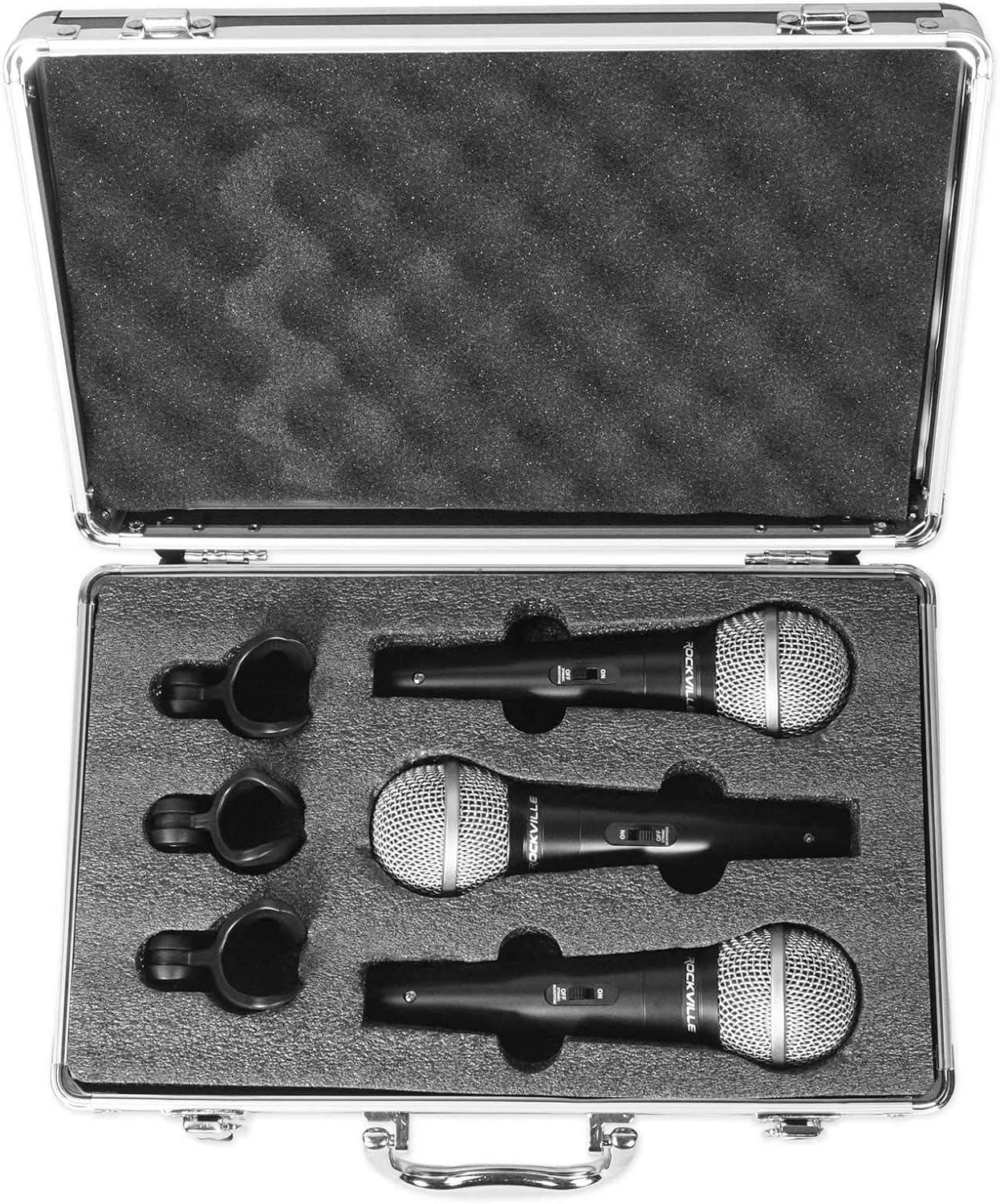 imageRockville RMC3PK Dynamic Microphones 3 Pack UniDirectional Metal Build XLR Clear Sound Low Background Noise Durable Case for Vocals Instruments DJs