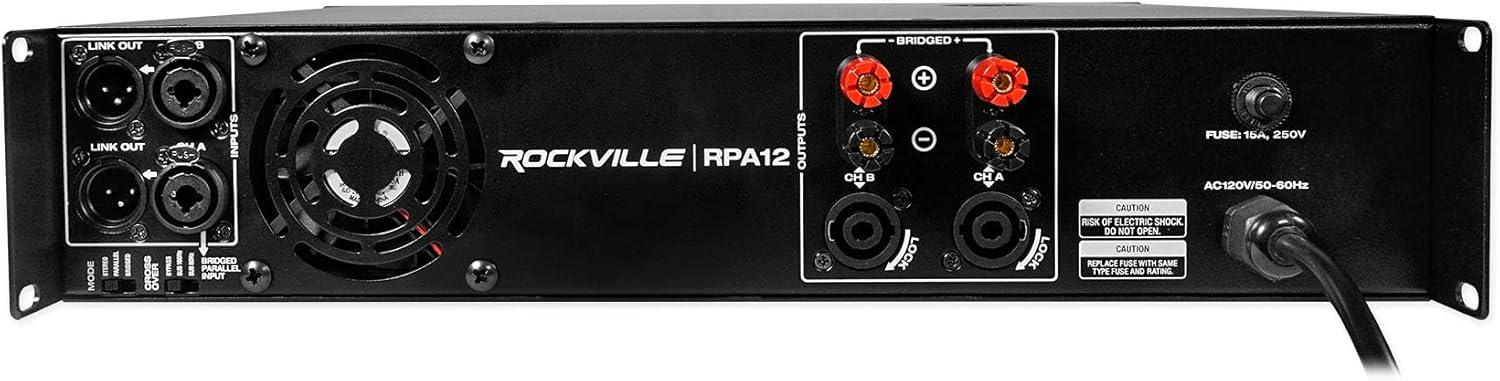 imageRockville RPA12 5000W Peak1400W RMS 2 Channel Rack Mount Power Amplifier Bridgeable ProDJ Amp LED Indicators for Live Sound