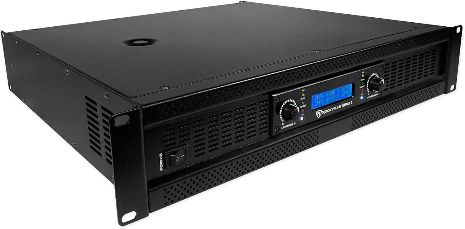 imageRockville RPA12 5000W Peak1400W RMS 2 Channel Rack Mount Power Amplifier Bridgeable ProDJ Amp LED Indicators for Live Sound