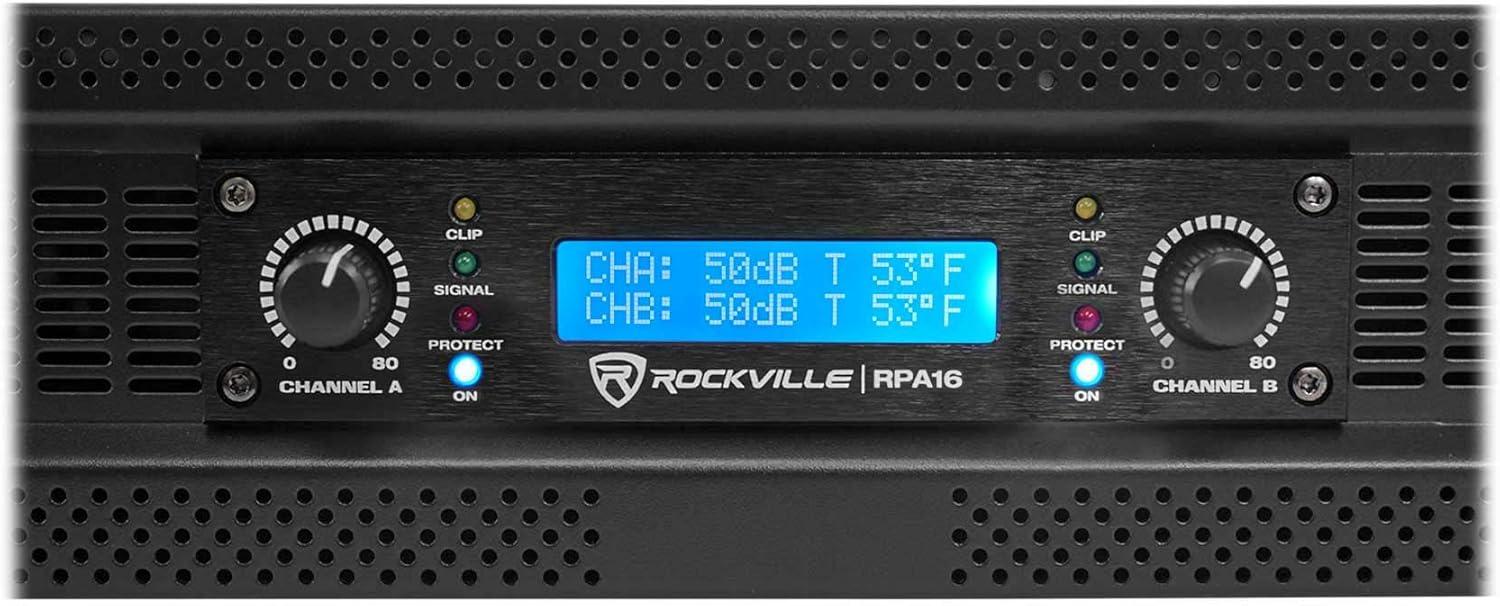 imageRockville RPA16 10000W Peak3000W RMS 2Channel Power Amplifier Bridgeable Builtin Crossover Limiter LCD Display XLRSpeakonBanana Outputs for Pro Audio and DJ