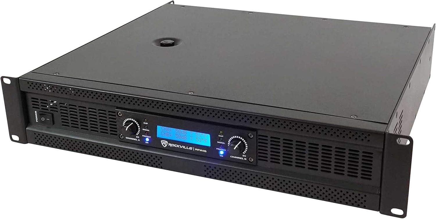 imageRockville RPA16 10000W Peak3000W RMS 2Channel Power Amplifier Bridgeable Builtin Crossover Limiter LCD Display XLRSpeakonBanana Outputs for Pro Audio and DJ