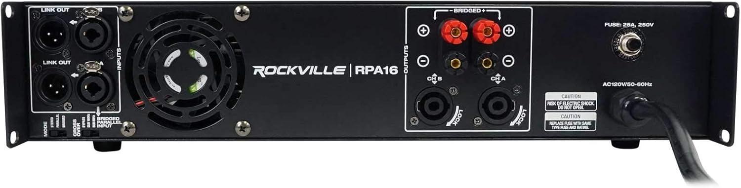 imageRockville RPA16 10000W Peak3000W RMS 2Channel Power Amplifier Bridgeable Builtin Crossover Limiter LCD Display XLRSpeakonBanana Outputs for Pro Audio and DJ