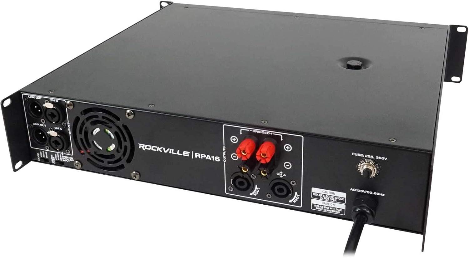 imageRockville RPA16 10000W Peak3000W RMS 2Channel Power Amplifier Bridgeable Builtin Crossover Limiter LCD Display XLRSpeakonBanana Outputs for Pro Audio and DJ
