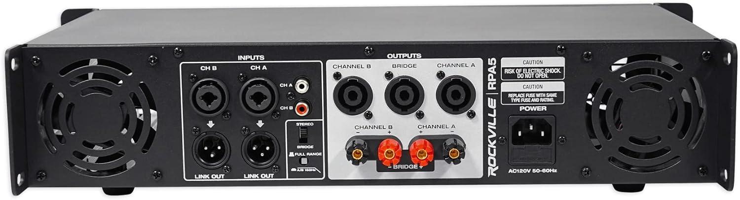 imageRockville RPA5 2Channel Power Amplifier 200W RMS  4 Ohm 1000W Peak StereoMono Switch Builtin Crossover for DJs Live Sound and Pro Audio