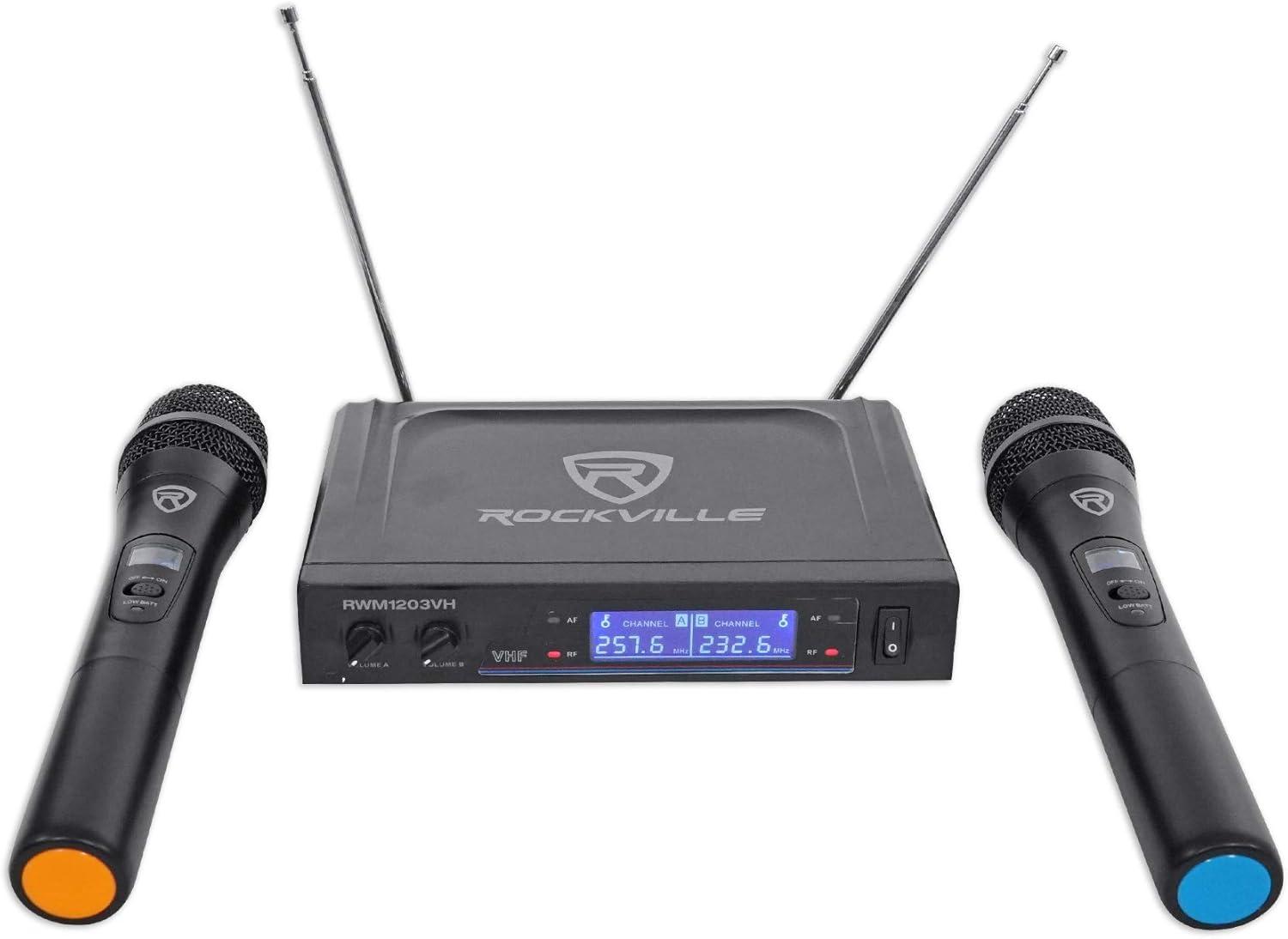imageRockville RWM1203VH Dual Wireless Handheld Microphone System 2 Mics VHF Long Range Clear Sound Digital Display for Karaoke Stage Church Live Events