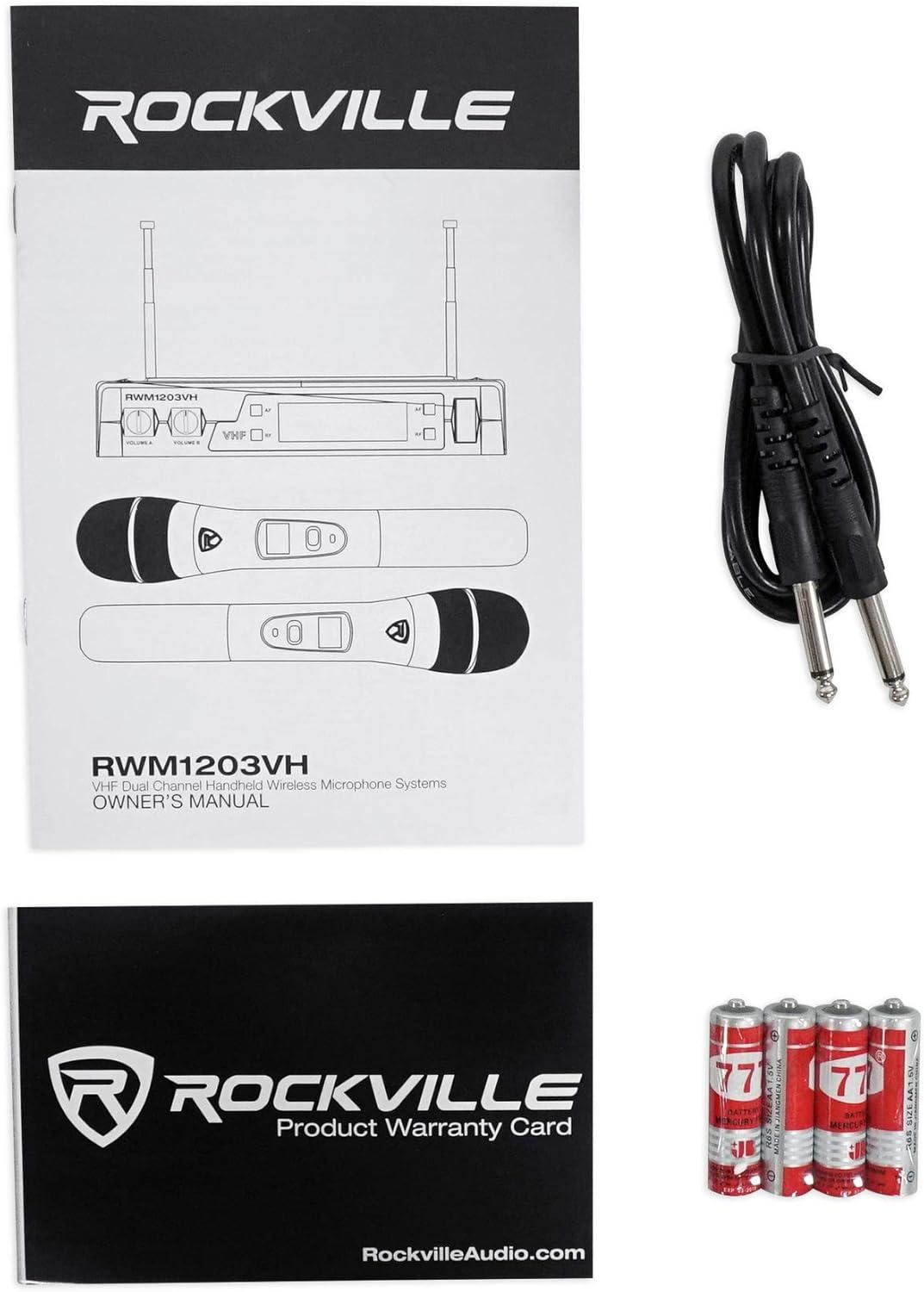 imageRockville RWM1203VH Dual Wireless Handheld Microphone System 2 Mics VHF Long Range Clear Sound Digital Display for Karaoke Stage Church Live Events