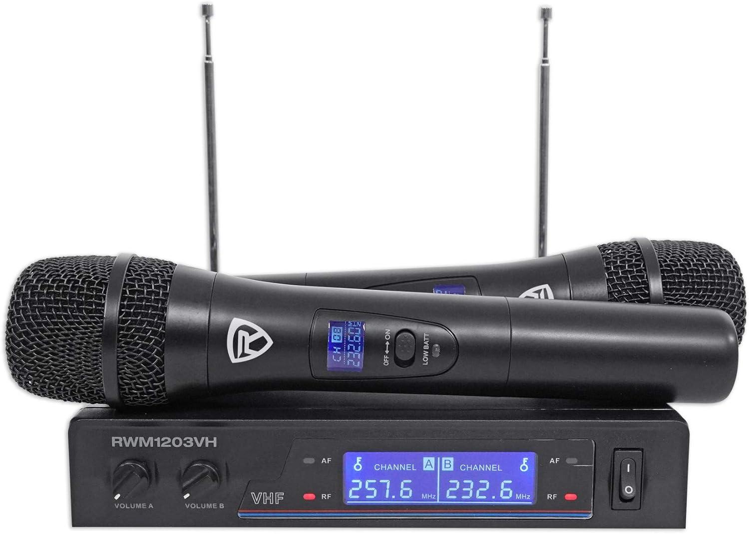 imageRockville RWM1203VH Dual Wireless Handheld Microphone System 2 Mics VHF Long Range Clear Sound Digital Display for Karaoke Stage Church Live Events