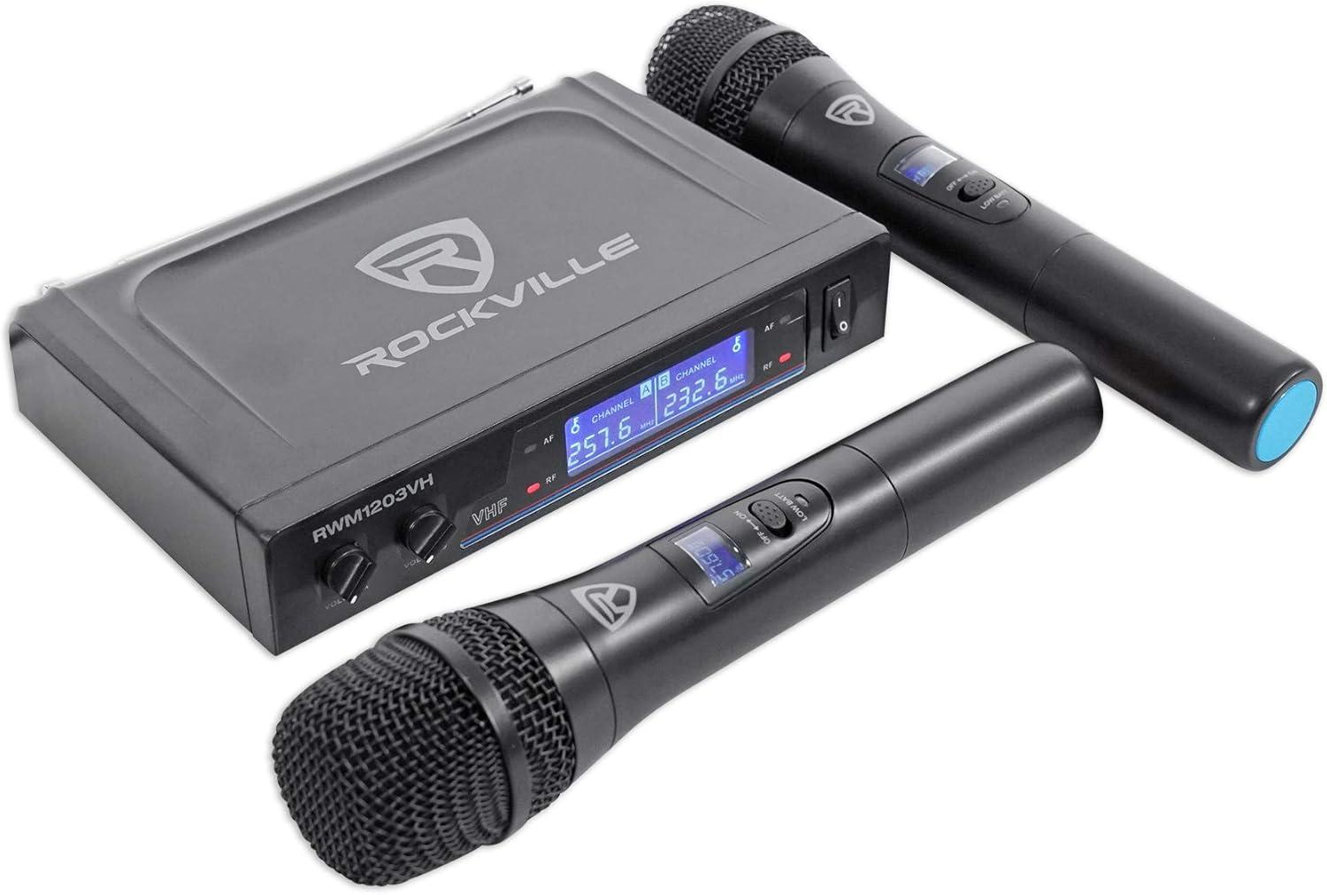 imageRockville RWM1203VH Dual Wireless Handheld Microphone System 2 Mics VHF Long Range Clear Sound Digital Display for Karaoke Stage Church Live Events