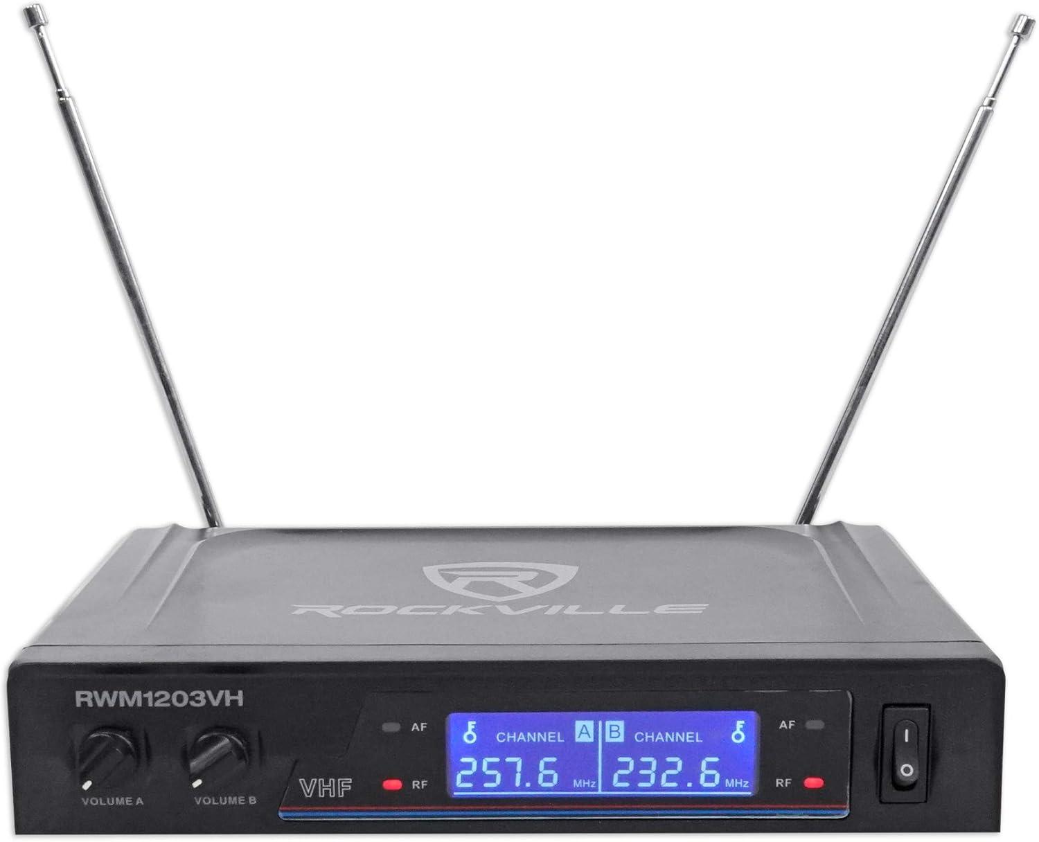 imageRockville RWM1203VH Dual Wireless Handheld Microphone System 2 Mics VHF Long Range Clear Sound Digital Display for Karaoke Stage Church Live Events