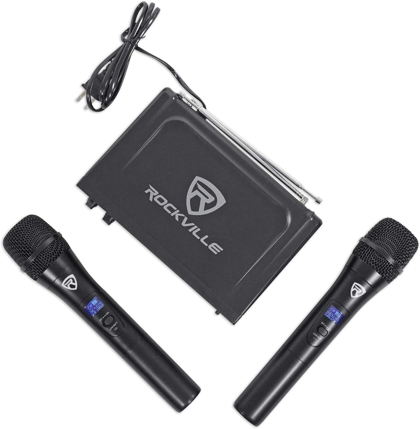 imageRockville RWM1203VH Dual Wireless Handheld Microphone System 2 Mics VHF Long Range Clear Sound Digital Display for Karaoke Stage Church Live Events