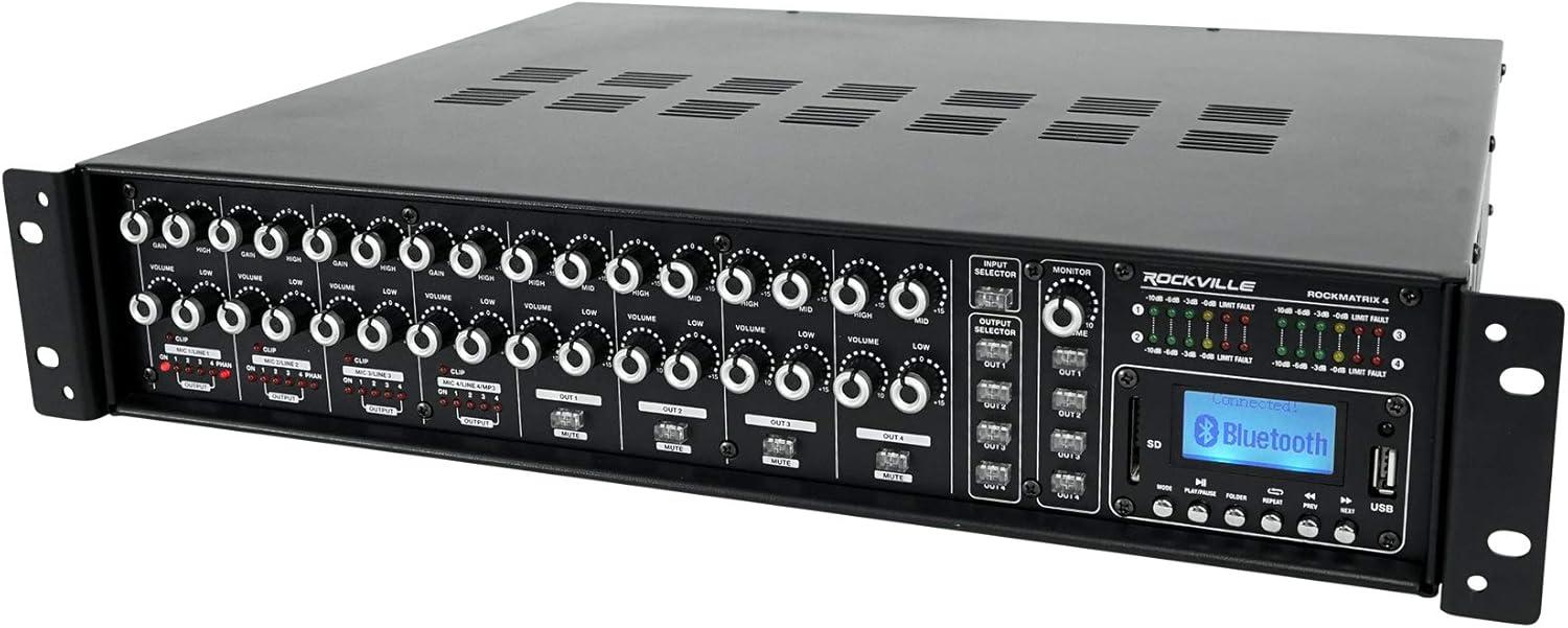 imageRockville Rock Matrix 4 440W 4Zone 70V Commercial Amplifier Bluetooth 50 Matrix Routing Emergency Inputs for Restaurants Bars Schools Offices