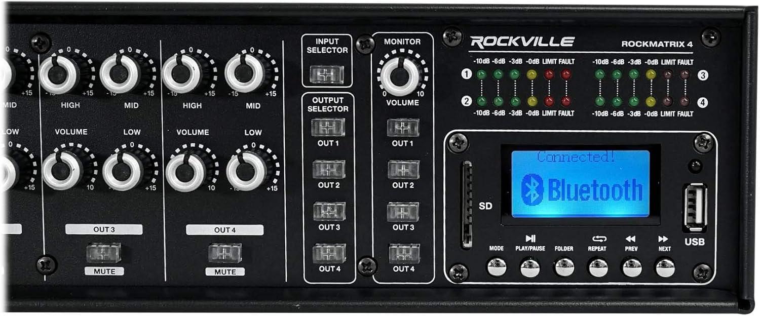 imageRockville Rock Matrix 4 440W 4Zone 70V Commercial Amplifier Bluetooth 50 Matrix Routing Emergency Inputs for Restaurants Bars Schools Offices