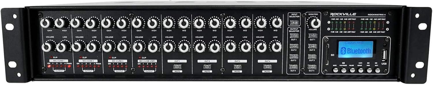 imageRockville Rock Matrix 4 440W 4Zone 70V Commercial Amplifier Bluetooth 50 Matrix Routing Emergency Inputs for Restaurants Bars Schools Offices