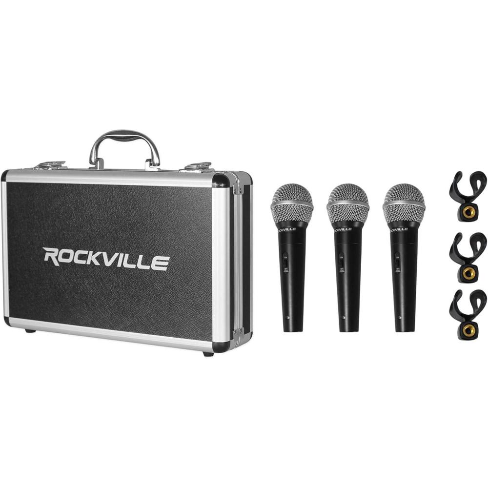 imageRockville RMC3PK Dynamic Microphones 3 Pack UniDirectional Metal Build XLR Clear Sound Low Background Noise Durable Case for Vocals Instruments DJs