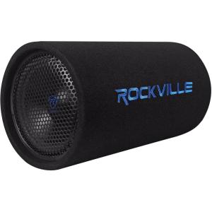imageRockville RTB10A 10quot Powered Subwoofer Bass Tube 500W Peak Deep Bass BuiltIn Amp Crossover Bass Remote Vented Enclosure Perfect for Car Audio