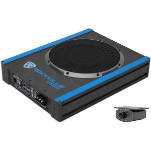 imageRockville USS10 800W 10quot Slim UnderSeat Active CarTruck Subwoofer Builtin Amplifier HighLevel Inputs Remote Bass Knob PWM Power Supply