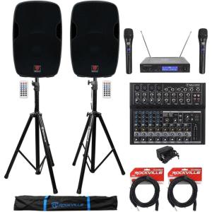 imageAudiosavings Bundle 2 Rockville BPA15 15quot 800W Speakers 1 Mackie Mix12FX Mixer wFX 2 RVSS2 Stands wBag 1 RWM1203VH Dual Mic 2 RCXMB20B 20 XLRTRS Cables 7 Items