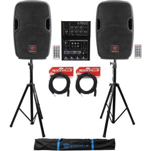 imageAudiosavings Bundle 2 Rockville BPA8 8quot 300W Speakers wBluetooth 1 Mackie Mix5 Mixer 2 RVSS2 Stands wBag 2 RCXMB20B 20 XLRTRS Cables REAN 100 Copper 6 Items