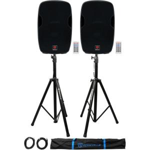 imageRockville BPA15 Bundle 2 15 in 800W Powered Bluetooth DJ PA Speakers 2 RVSS2XLR Adjustable Tripod Speaker Stands with 20 ft XLR Cables Bag 4 Items