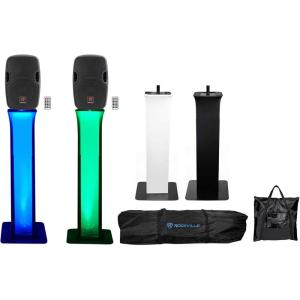 imageRockville BPA8 Bundle 2 8in 300Watt Powered Active DJ PA Speakers with Bluetooth 2 RTP32B Moving Head Light Stands with Black and White Scrims and Carry Bags for Events and DJs 4Items