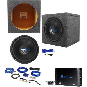 imageRockville W12K5S2 Bundle 12in 1400W Peak350W RMS 2Ohm Subwoofer dB11 1400W Peak350W RMS Mono Amplifier with Bass Remote RWK81 8Gauge Kit RS12 Sealed Sub Box K1 Installation Kit 5Items