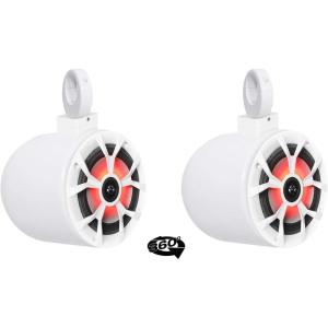 imageRockville RKL65MBW Bundle 2 65 in 700Watt Marine Speakers 2 MAC65W Aluminum Wakeboard Tower Pod Enclosures in White 2 MAC360W 360 Degree Swivel Clamps with LED Grilles 6Items