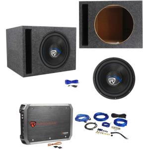 imageRockville W12K5S4 Bundle 12 in 1400W Car Audio Subwoofer RXAT1 2Channel 1500W Amplifier RWK81 Amp Installation Kit RSV12 12 in Vented Subwoofer Enclosure Box Complete Installation Kit 5Items