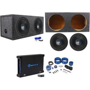 imageRockville W12K5S4 Bundle 2 12 in 1400W Peak 350W RMS 4Ohm Car Audio Subwoofers dB13 Mono Amp RWK41 4Gauge Wiring Kit RD12 Dual 12 in Sealed Sub Enclosure Installation Kit 6Items